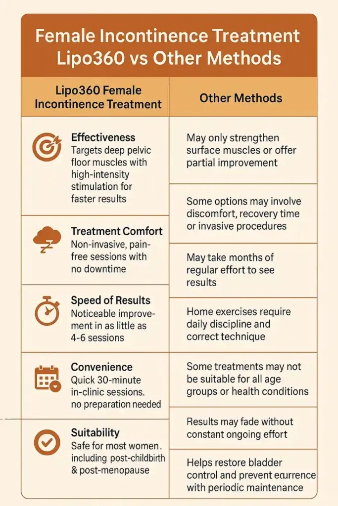Table showing benefits of incontinence treatment Banstead