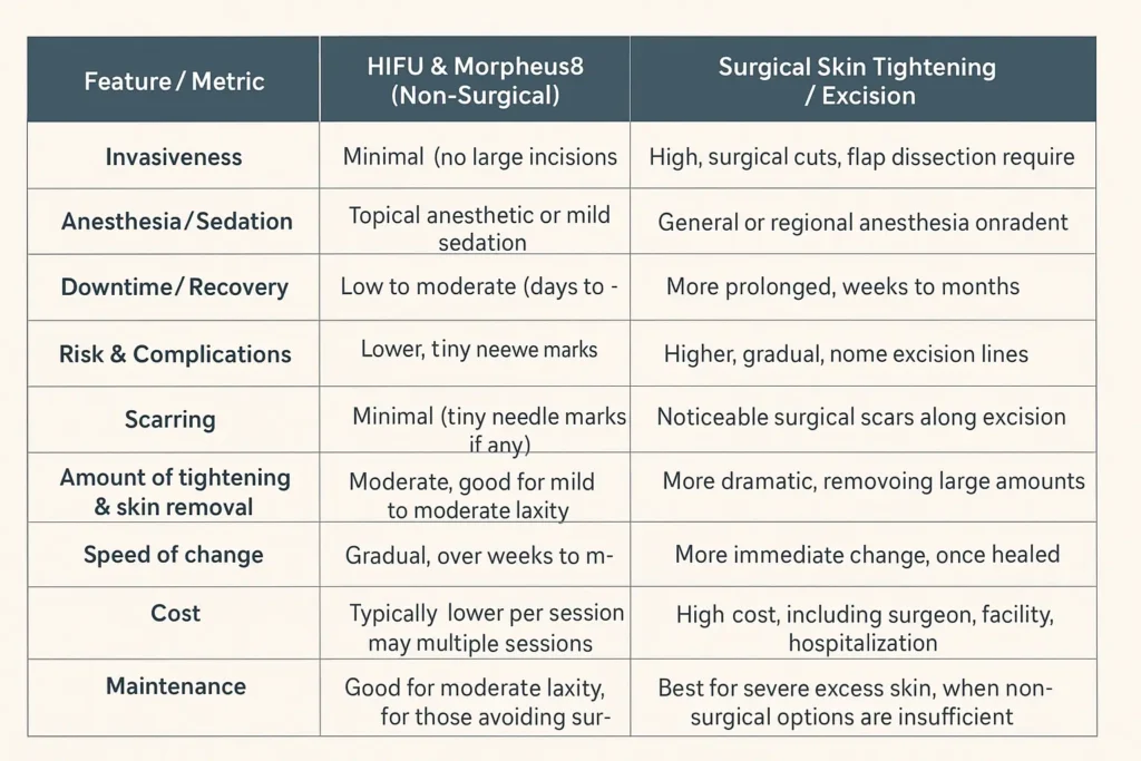Table of skin tightening Banstead benefits compared to surgical options